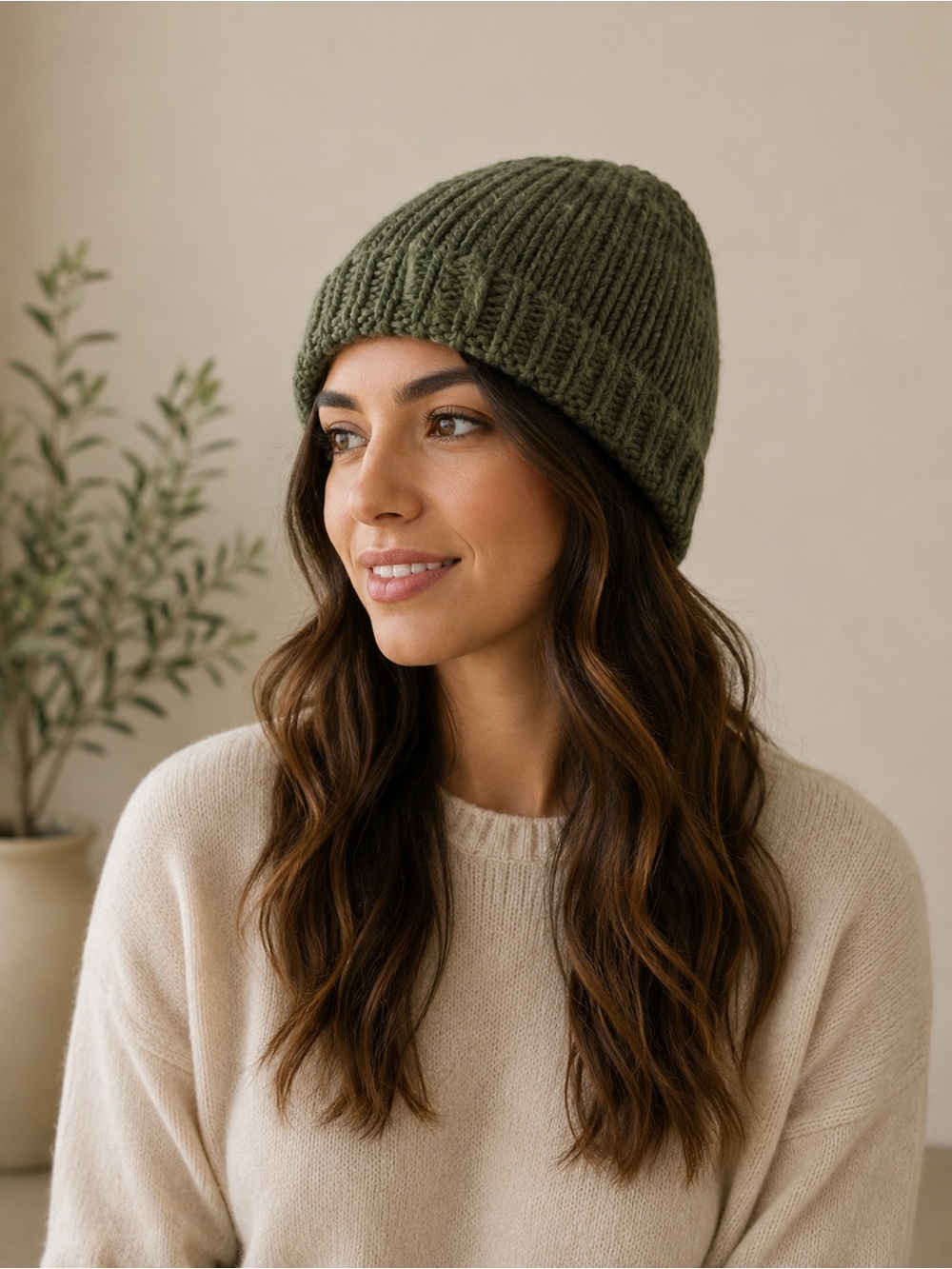 Olive Wool Hand Knit Beanie Adults Toque